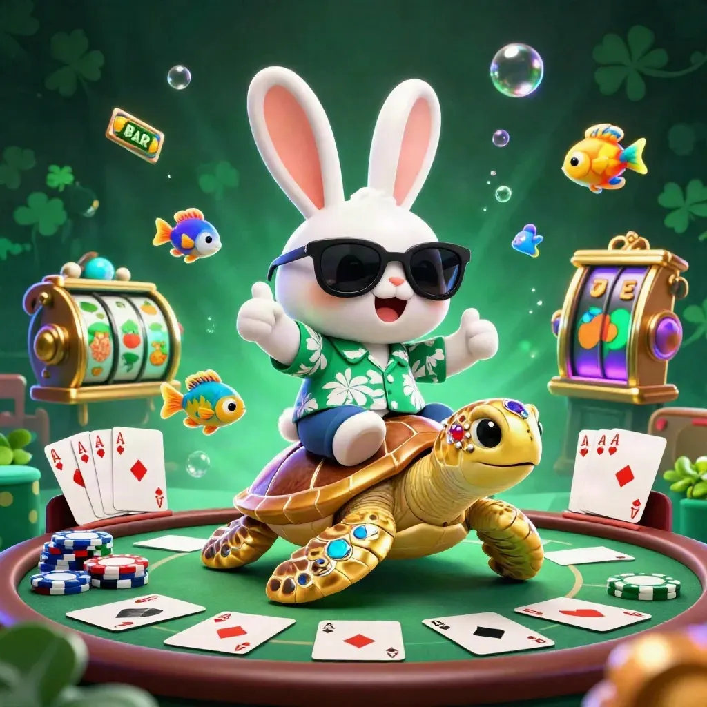 Rabbit rides a golden turtle amid poker chips, cards, fish, and neon casino glow.