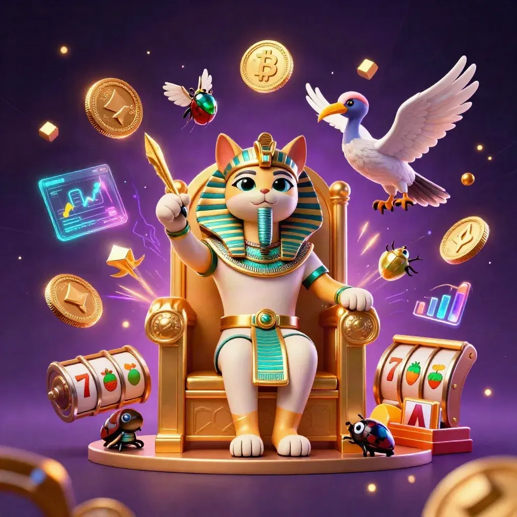 Pharaoh cat, ibis scribe, and gem-wing scarabs amid roulette coins and casino effects.