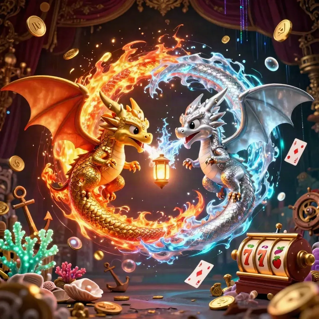 Twin gold and silver dragons spiral around a lantern spirit in a treasure cove with casino symbols