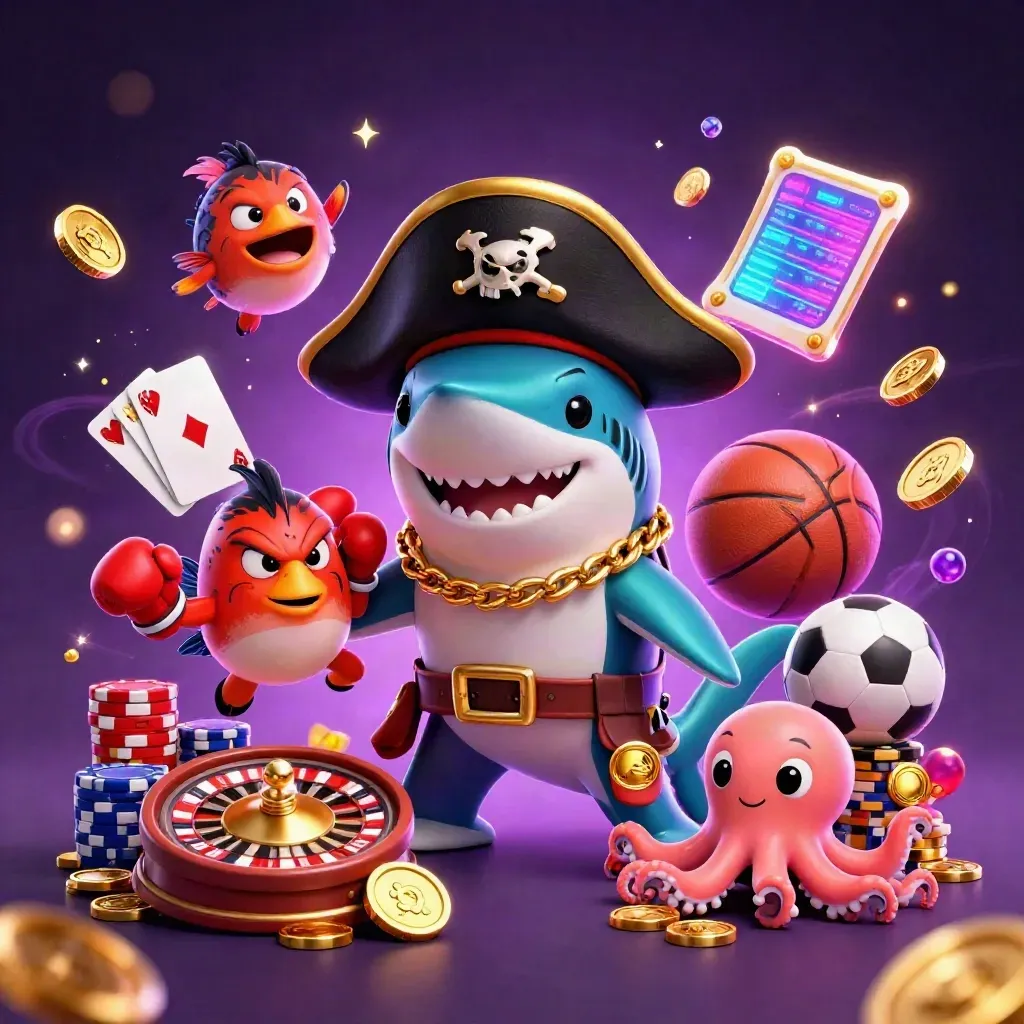 Shark pirate, pufferfish, and octopus amid roulette, coins, chips, and neon casino light.