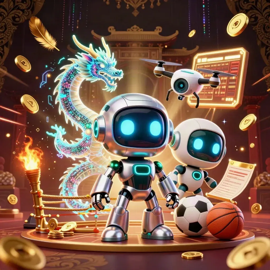 Chrome robot, holographic dragon and coin drone amid casino magic, gold sparks, and dark luxe glow.