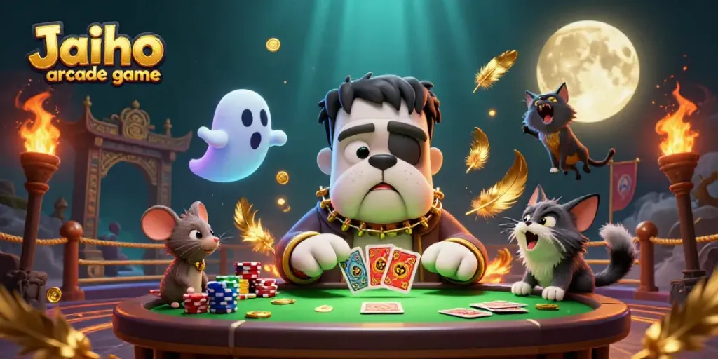 Experience the thrill of the Jaiho arcade game with a whimsical illustration of characters in an engaging casino scene.