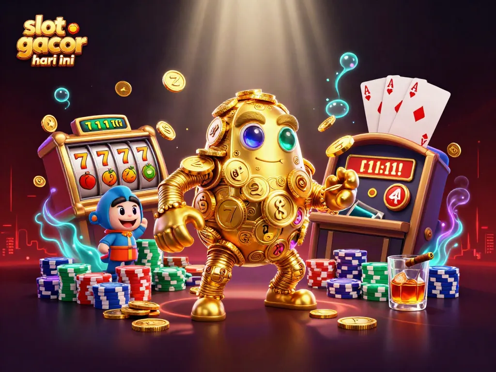 Gambarkan slot gacor hari ini dengan golem emas dan elemen kasino yang menarik.