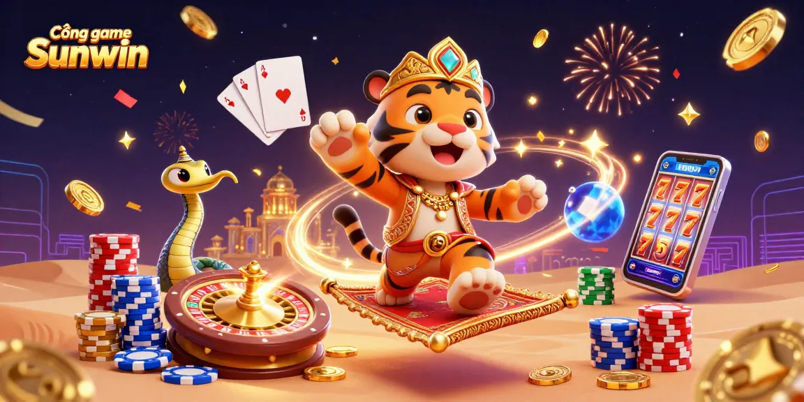 Elevate your gaming experience at Cổng game Sunwin with vibrant illustrations of exciting casino adventures.