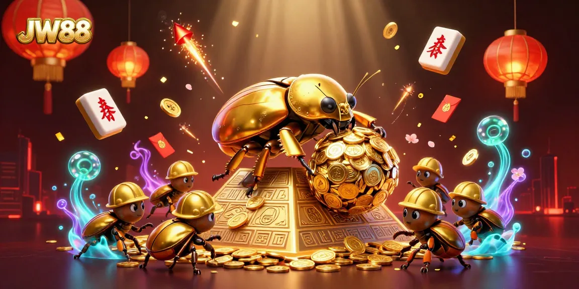 Witness JW88's vibrant casino scene with golden beetles and dynamic gambling elements.