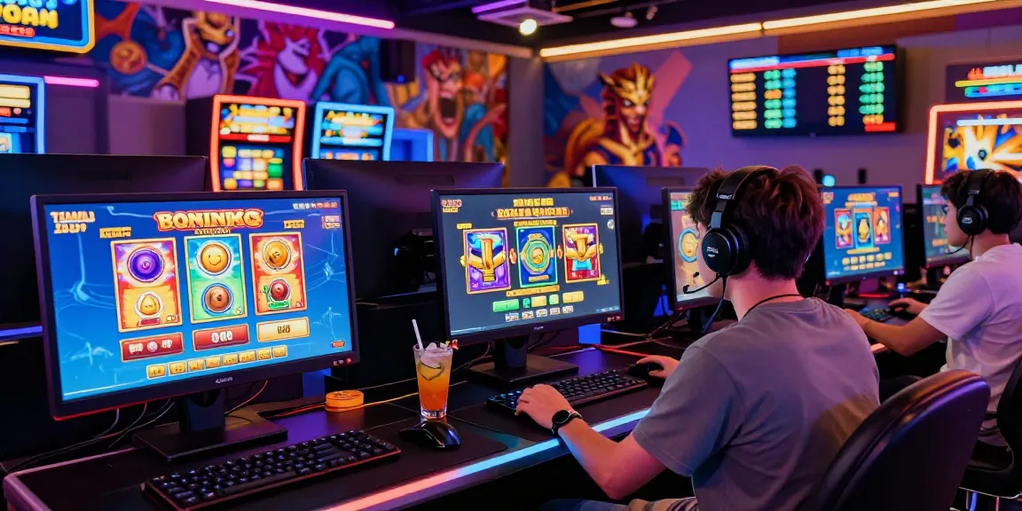 A player enjoying bonus buy slots at a vibrant virtual casino with colorful slot games and immersive gaming accessories.