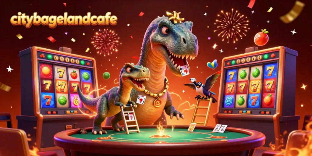 citybagelandcafe menampilkan grafik 3D slot dan simbol keberuntungan pada ilustrasi kasino.