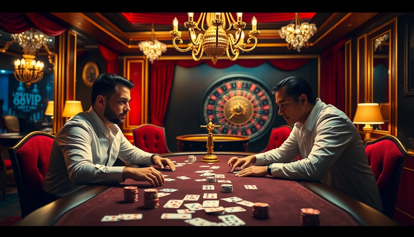 68VIP players engaging in a thrilling poker game at a luxurious casino table.