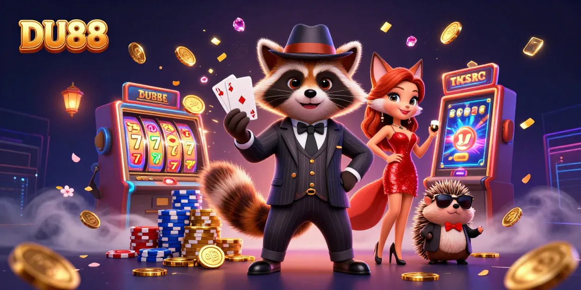 Engage with DU88's thrilling slot games, featuring a charming raccoon, fox lady, and hedgehog bouncer.