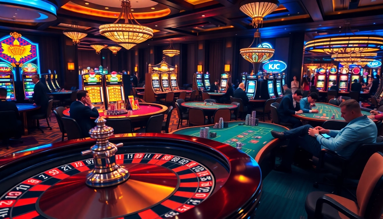 KJC branding highlighted in a bustling casino scene with players enjoying roulette and slot machines.