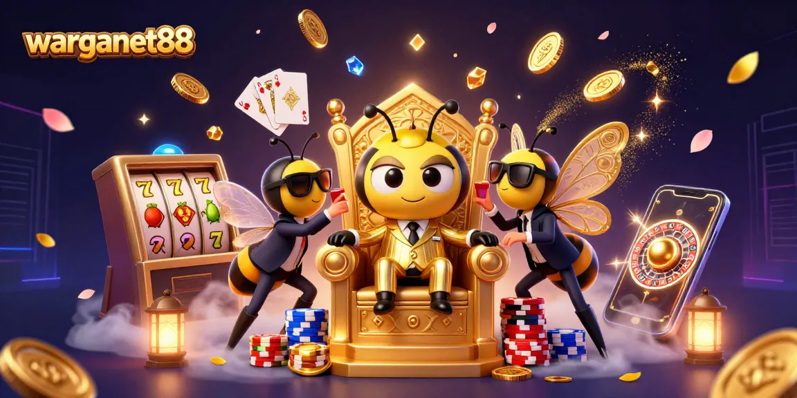 Experience casino thrills with warganet88's vibrant bumblebee mob boss illustration showcasing slots and games.