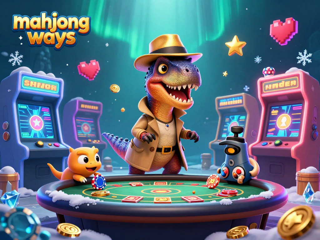 Engage in mahjong ways with a vibrant 3D scene featuring cartoon dinosaurs at a lively casino table.