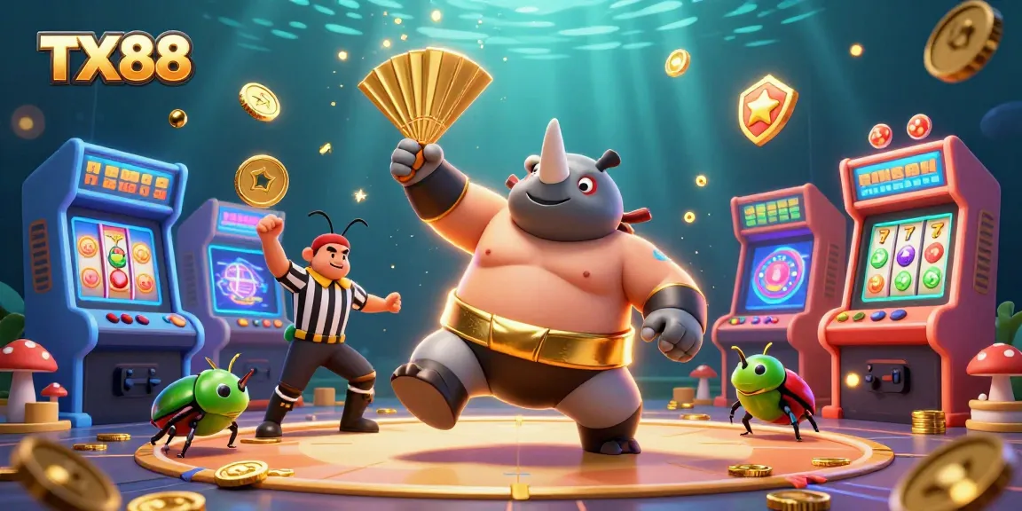 Engage in thrilling gaming action with TX88, featuring a sumo beetle champion amidst vibrant casino elements.