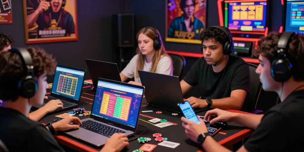 Para pemain terlibat dalam permainan togel rajatogel dengan perangkat dan hasil di layar.