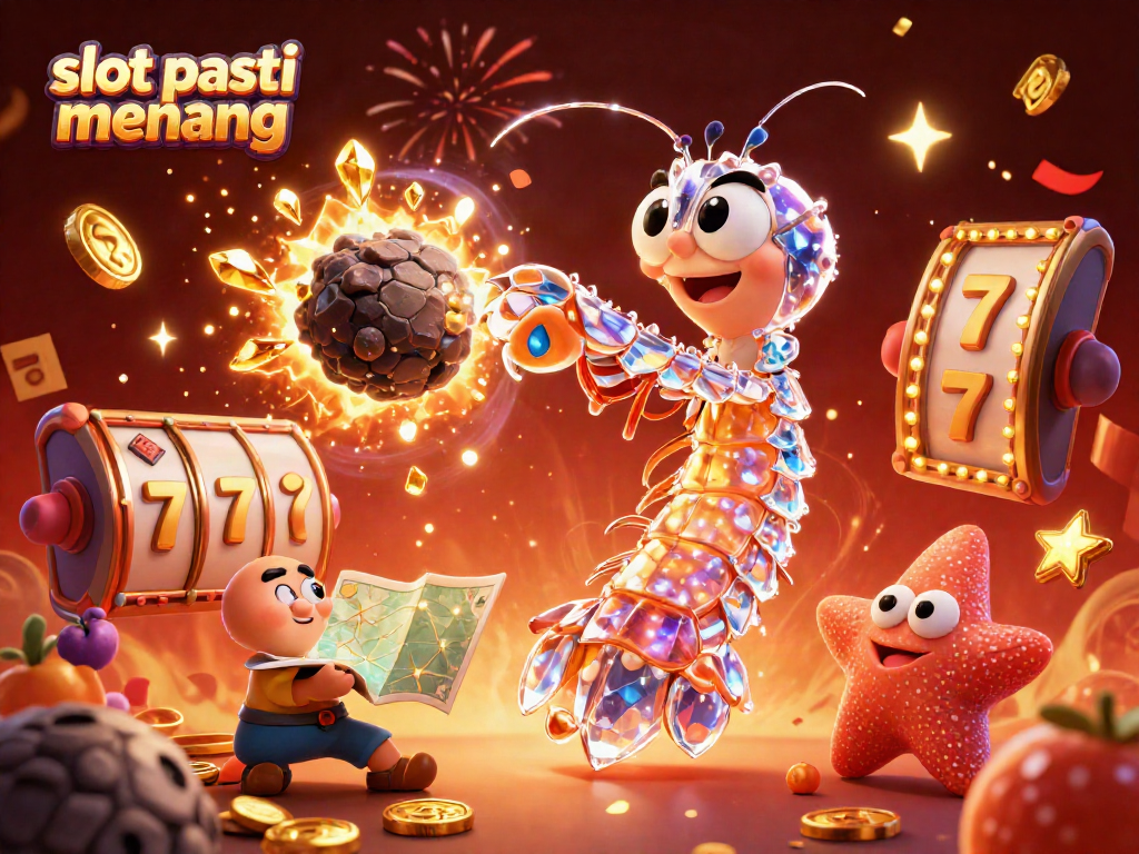 Spin winning slots with vibrant golden gems in a colorful casino scene featuring slot pasti menang.