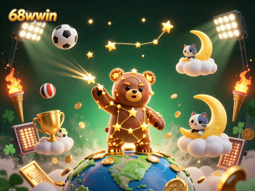 Experience gaming thrills with 68wwin as the constellation bear scoops up coins in a vibrant casino scene.