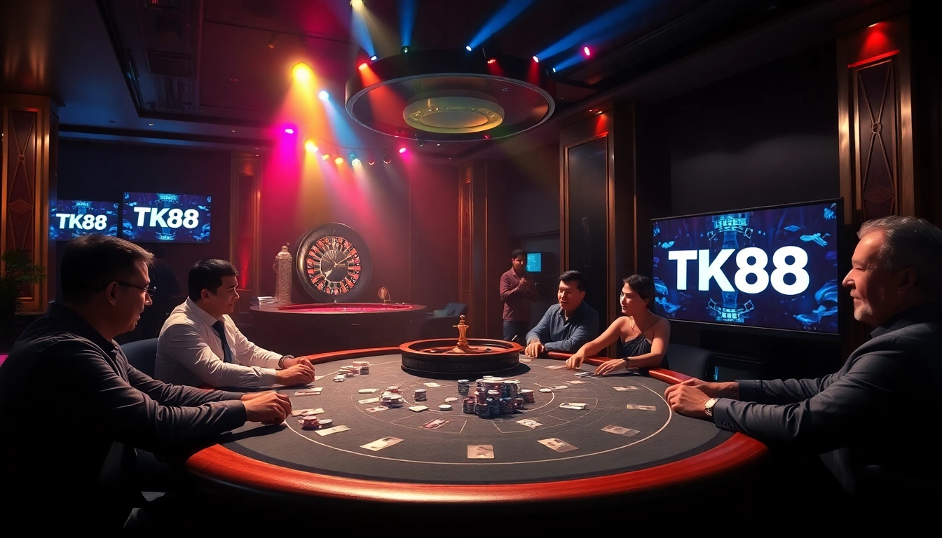 Gambling excitement at a luxury casino table with TK88-themed poker chips and vibrant lighting.