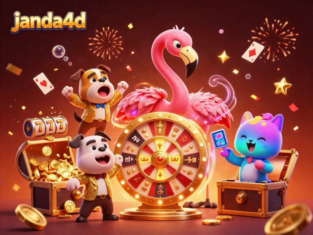 Gamer merasakan kemenangan bersama janda4d dengan roda hadiah berkilauan dan simbol slot.
