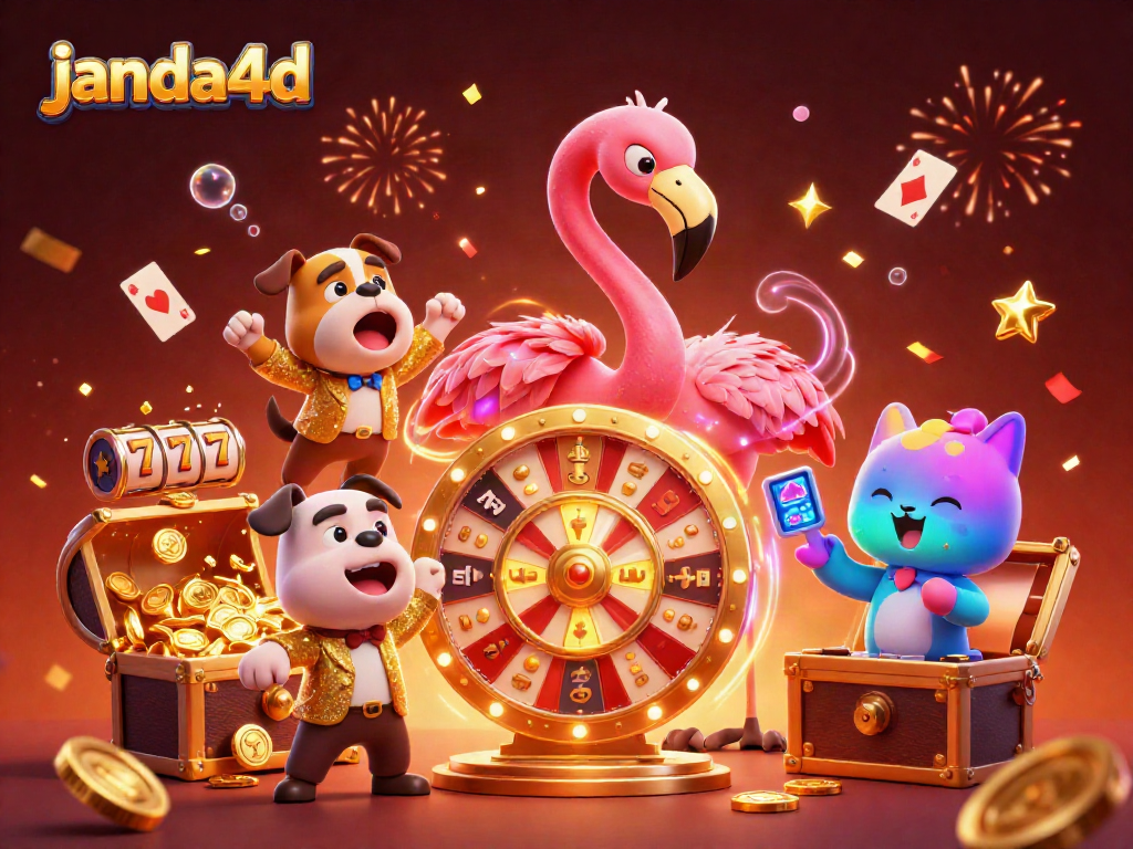 Gamer merasakan kemenangan bersama janda4d dengan roda hadiah berkilauan dan simbol slot.