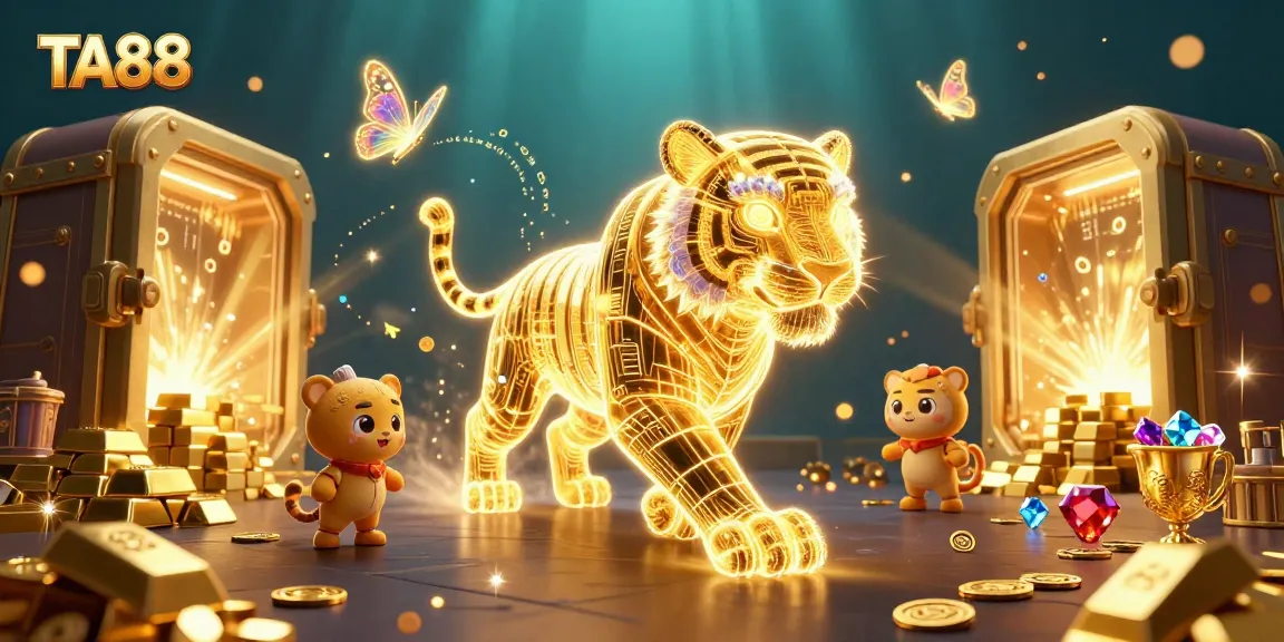Engage with TA88 in a dynamic digital casino scene populated by vibrant characters and rich gaming elements.