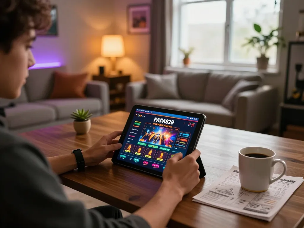 Player using FAFA828 on tablet in a cozy gaming setup, demonstrating engaging online casino experience.