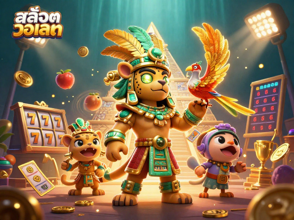 Engage in สล็อตวอเลท with an energetic scene featuring a Mayan priest and vibrant gaming elements.