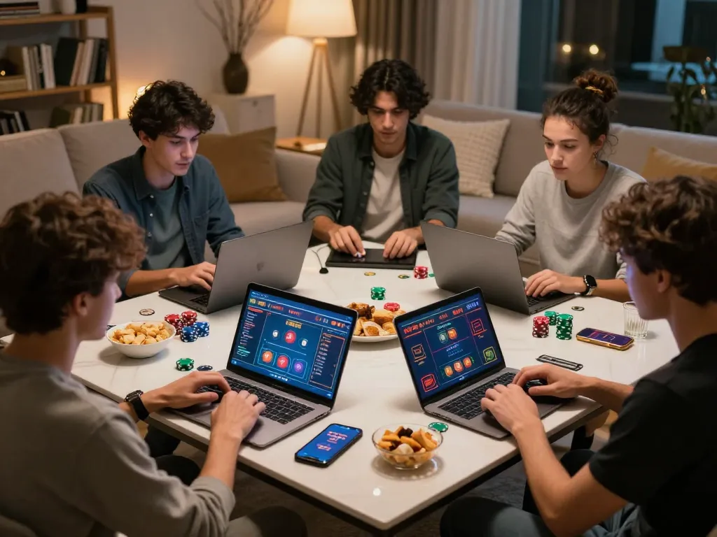 Sesi permainan online yang menarik menyoroti situs bandar togel singapore hongkong dengan teman-teman menggunakan berbagai perangkat di rumah yang nyaman.