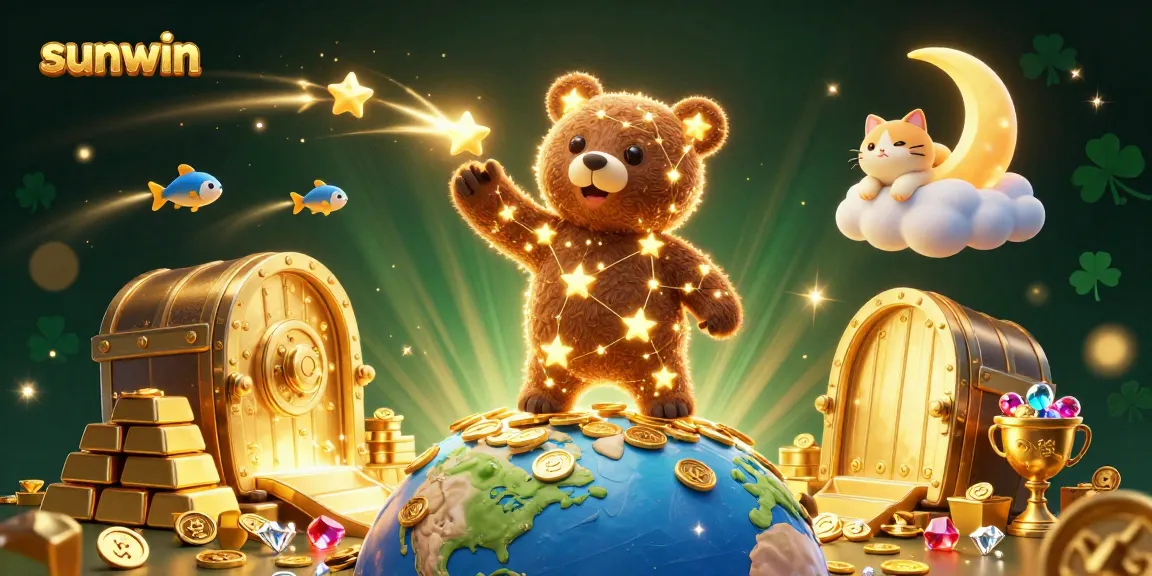 Experience the thrill of sunwin with golden treasures, coins, and magical characters in a captivating 3D scene.