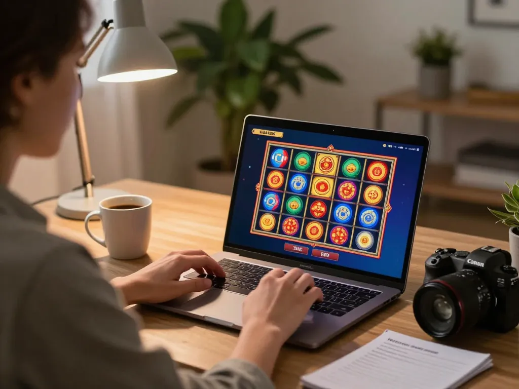 Engaging online gaming session with situs slot gameplay on a modern laptop in a cozy setting.