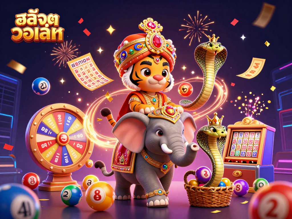 Experience สล็อตวอเลท in a vibrant casino scene with dynamic lottery elements and celebratory effects.