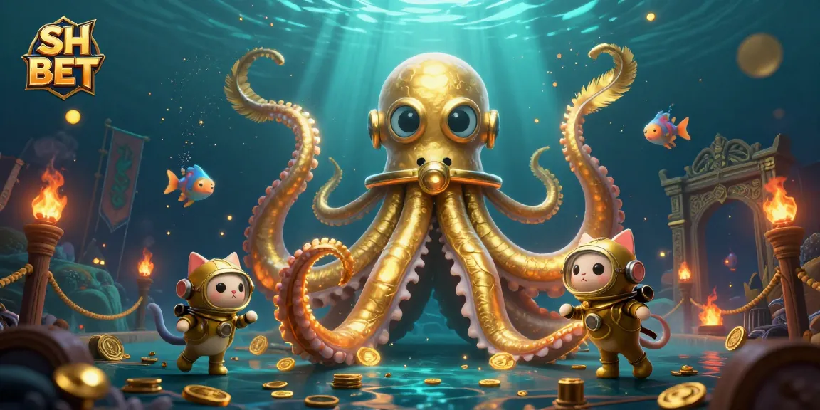 Engage in thrilling adventures with SH BET at a vibrant online casino featuring a colossal kraken and divers.