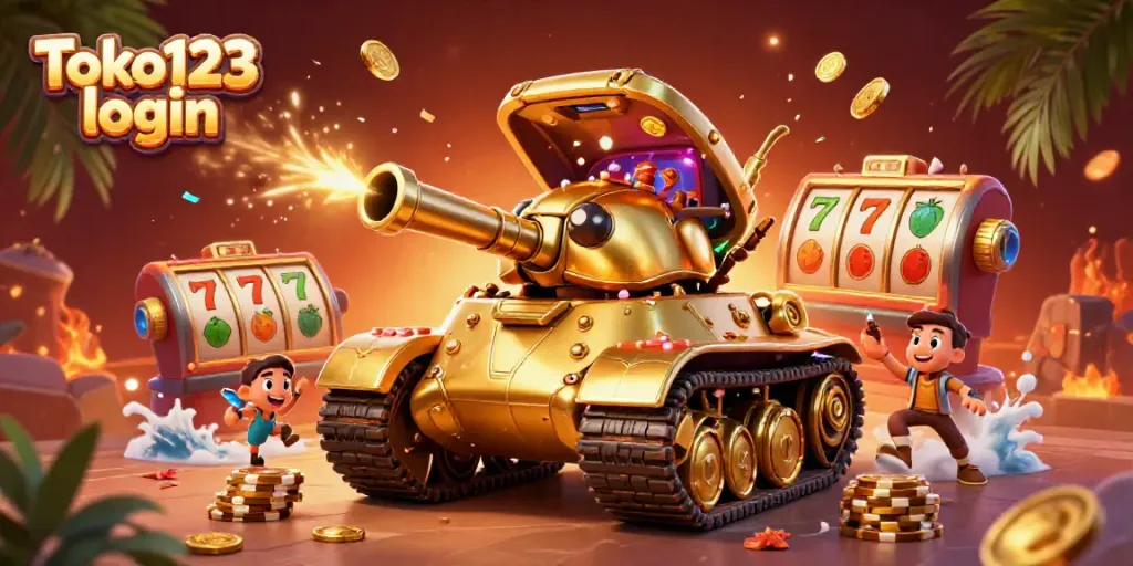 Experience Toko123 login with vibrant slot reels and lively gaming action in a 3D illustration.