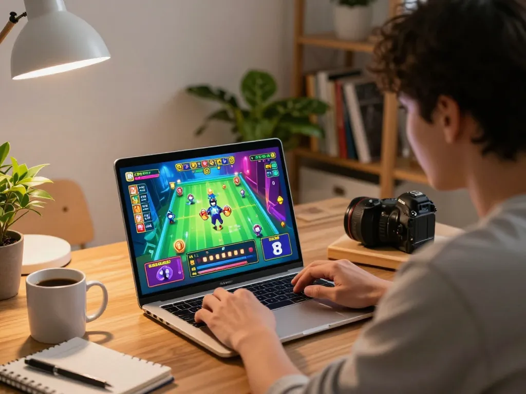Permainan toto togel online dengan pemain yang terlibat di rumah menggunakan laptop dan dikelilingi oleh sentuhan pribadi.