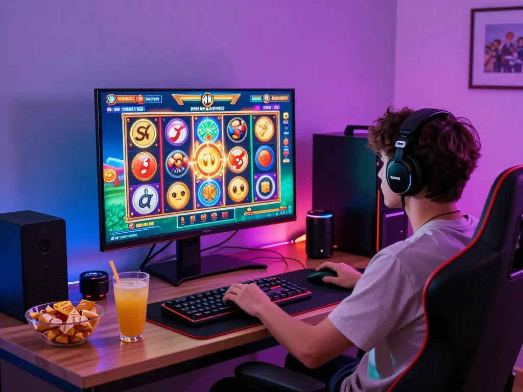 Pemain menikmati permainan situs slot di layar definisi tinggi, dikelilingi oleh pencahayaan LED yang cerah dalam pengaturan rumah yang nyaman.
