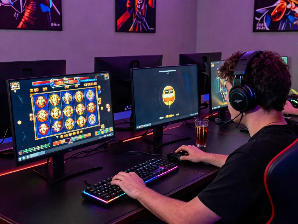 Player enjoying akunjp slot game on multiple screens with vibrant graphics