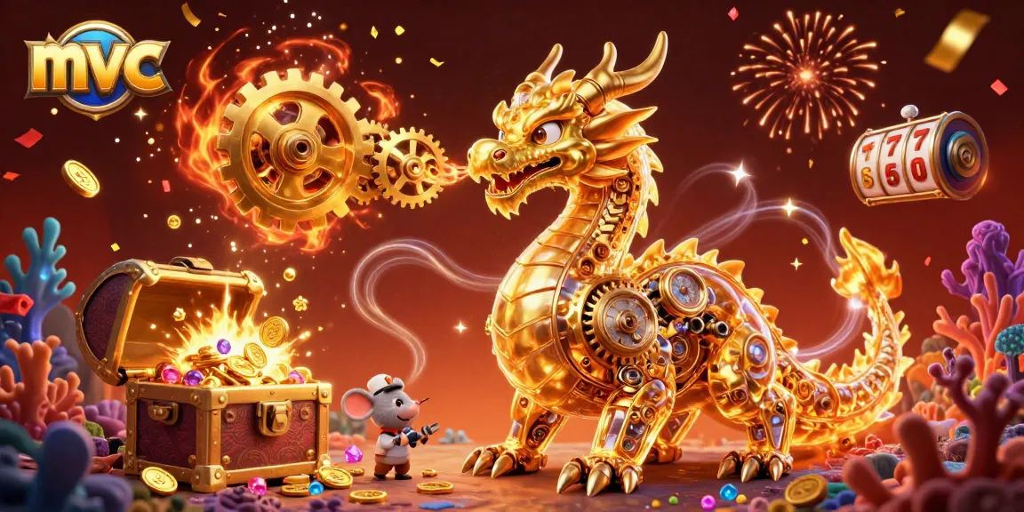 Experience the excitement of mvc at a cartoon casino with a dragon, gold coins, and slot reels.