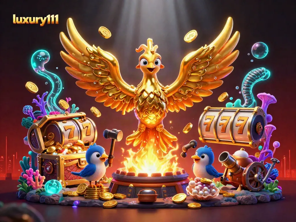 Experience luxury111 as a golden phoenix rises from the forge amid swirling slot reels and vibrant casino elements.