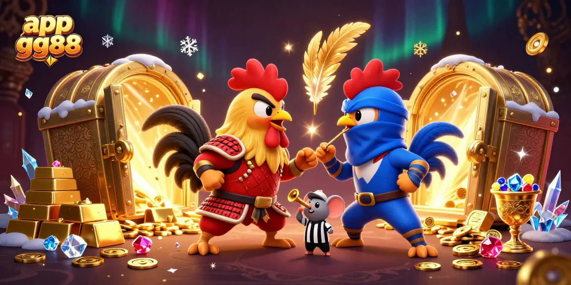 Experience the excitement with app gg88, showcasing an epic showdown between a samurai rooster and a ninja rooster amidst a treasure-filled casino.