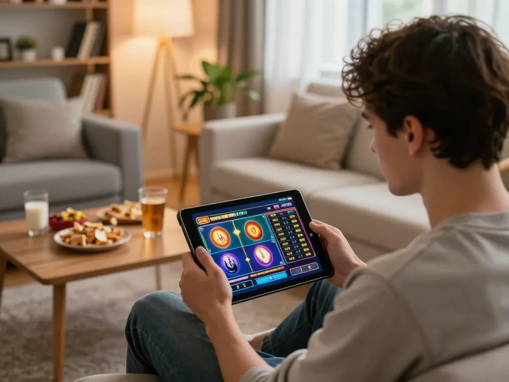 spinadvisor user enjoying an exciting online slot game on tablet surrounded by snacks.