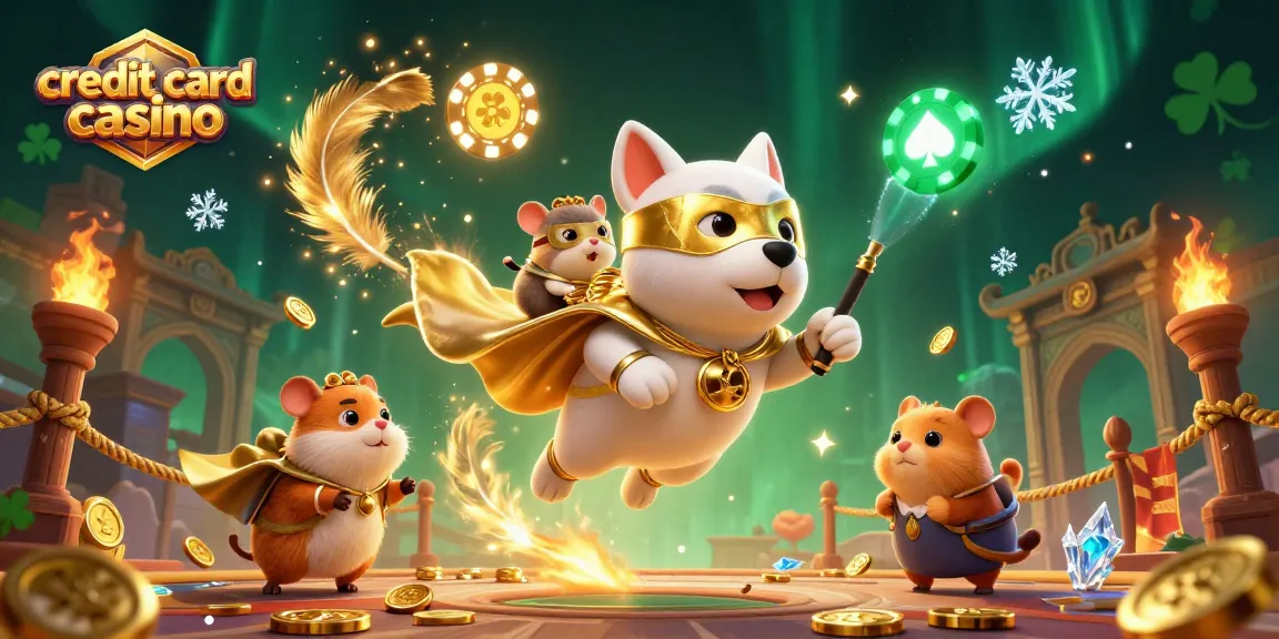 Watch superhero dog and hamster represent credit card casino with colorful action in a packed 3D scene.