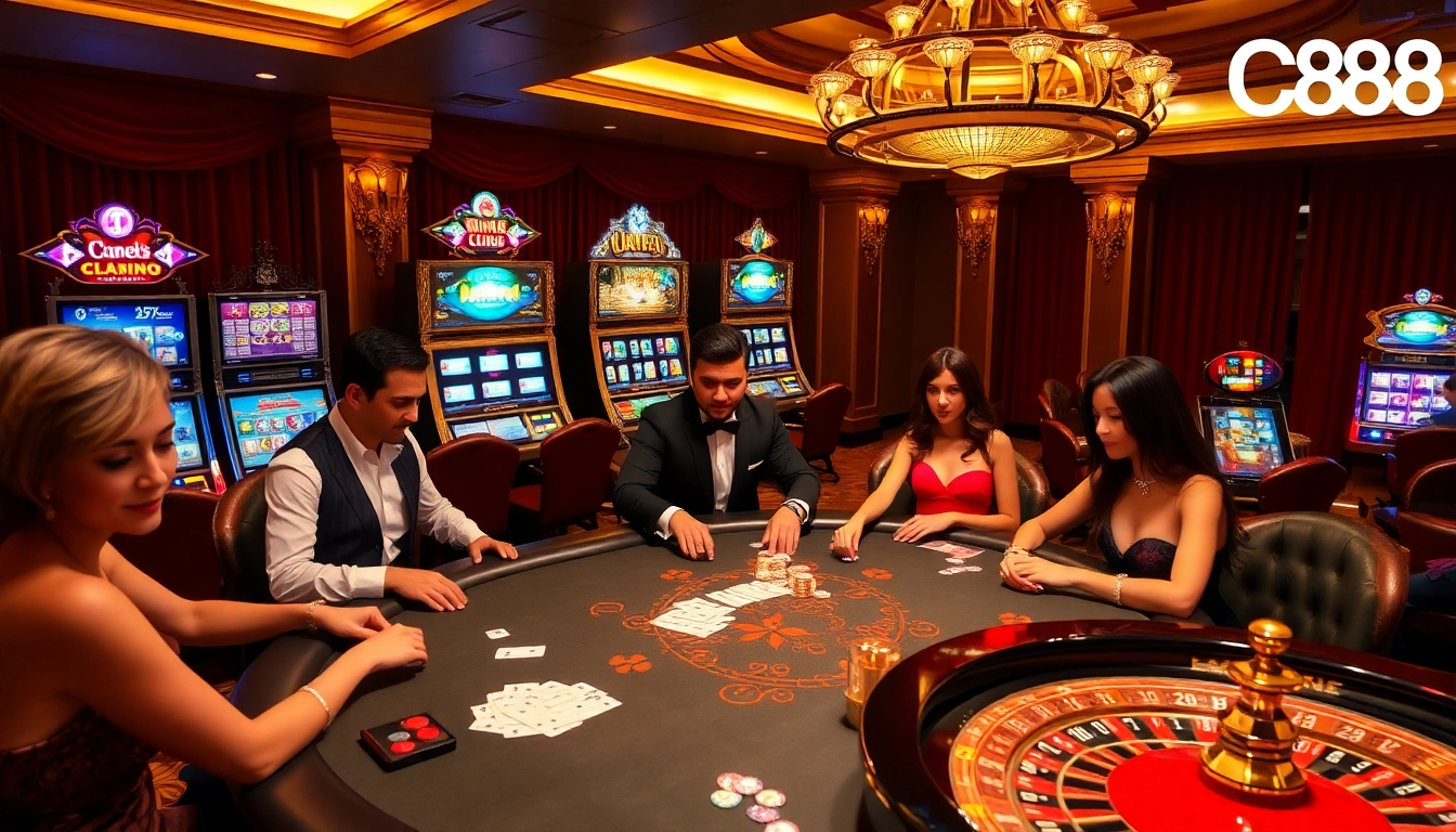 Players enjoying high-stakes poker at LC88 casino, showcasing excitement and luxury.