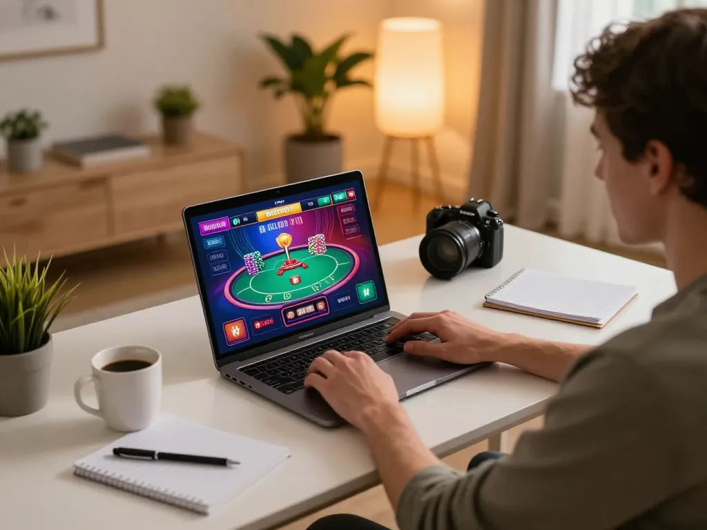 Experience dynamic online gaming at home with ทางเข้า m123 on a laptop, cozy atmosphere with personal touches.