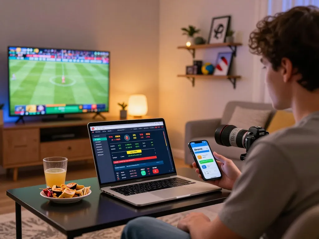 Engaging Bong99 online betting scene with sports game on TV and user interacting with platform.