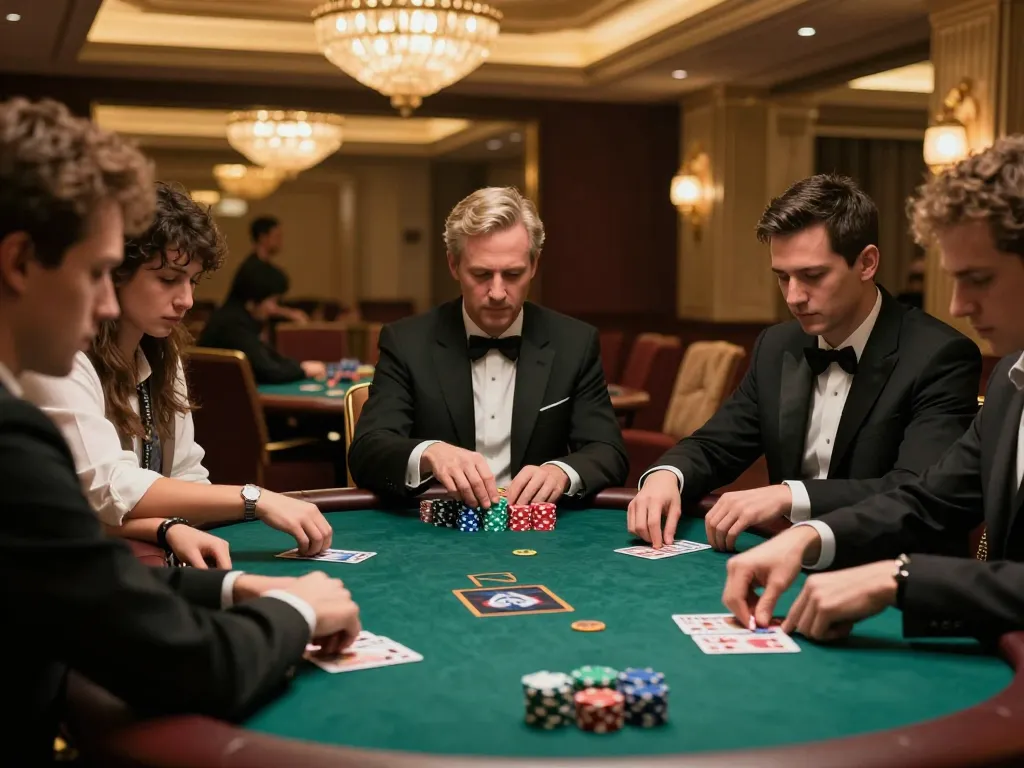 Engaging poker action at high-stakes game, perfectly capturing the casinosscope of strategic betting.