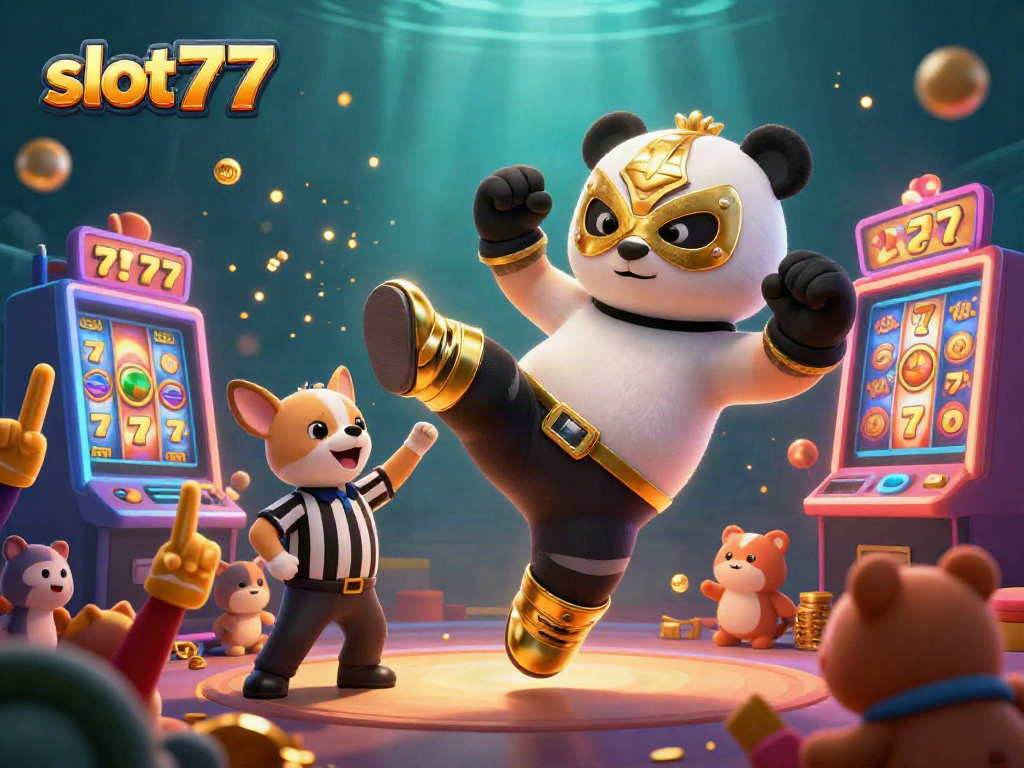 Bermain slot777 dengan mesin slot berputar, 7 keberuntungan, dan petugas menghitung kemenangan.