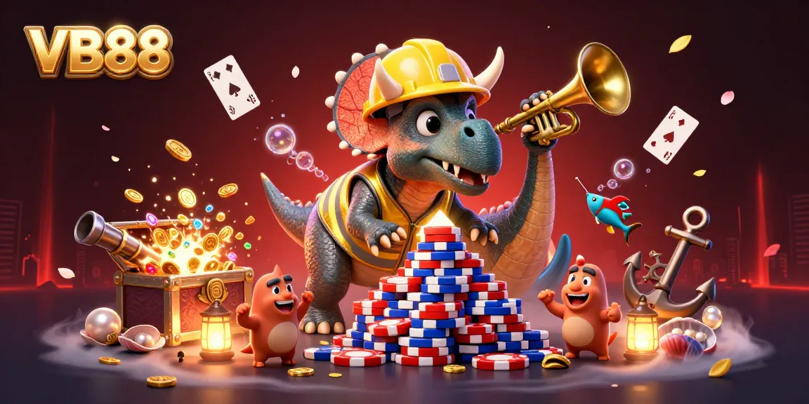 Win big with VB88 as a triceratops builds a poker chip pyramid amidst celebration!