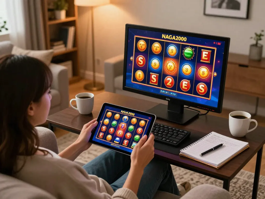 NAGA2000 platform user enjoying spinning slot reels on a cozy home setup.