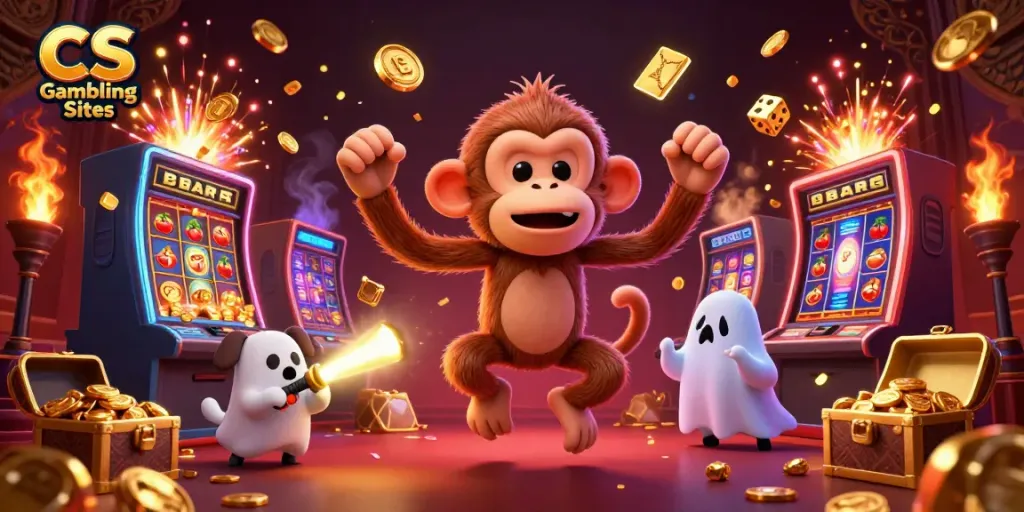 Exciting scene of CS Gambling Sites with a poltergeist monkey juggling golden elements amidst a vibrant casino.