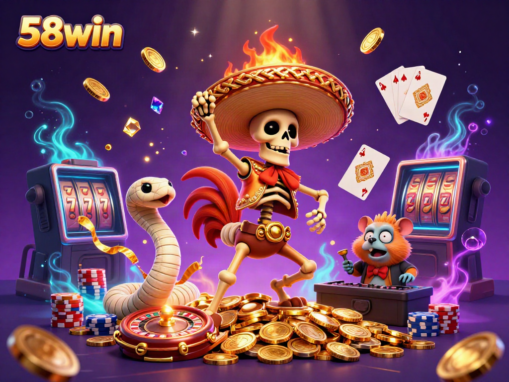 Experience thrilling wins in 58win's vibrant casino world featuring a victorious mariachi rooster and sparkling gems.