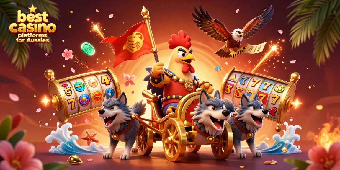 Experience the best casino platforms for Aussies with captivating 3D artwork featuring dynamic slot reels and festive elements.